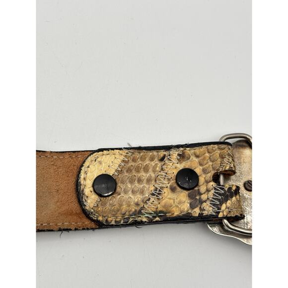 VTG Snakeskin Belt Mens Brown Hand Tooled Tiger Eye Western Buckle Fits 32” main image 12
